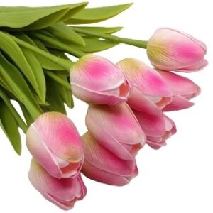 Élethű PU gumis levelű tulipán csokor cirmos rózsaszín 3 szál
