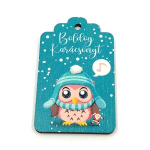 Boldog karácsonyt baglyos fúrt fatábla hangjegyes fehér felirattal 4 x 6,5 cm 1 db