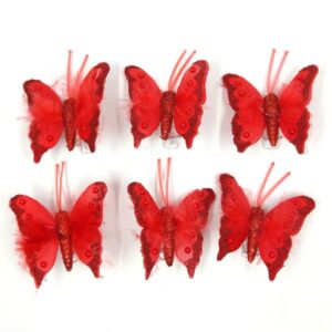 Csipeszes pillangó tollas-ékköves piros KICSI 6 db