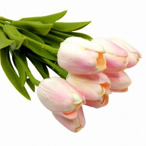 Élethű PU gumis levelű tulipán csokor pasztell rózsaszín 9 szál
