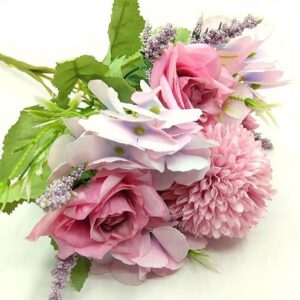 Selyem rózsa és dália csokor hortenziával mályva-rózsaszín 7 szálas