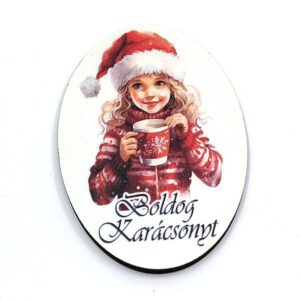 Boldog karácsonyt ovális fatábla lány pirosban 8,5 x 5,5 cm 1 db